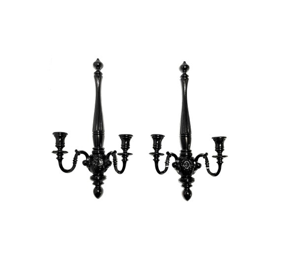 Gothic Candle Sconce Set | Gloss Black 2 Arm Taper Holders | Baroque Victorian Decor