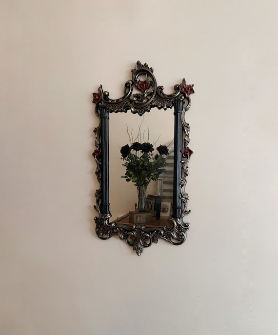 Gothic Wall Mirror | Ornate Floral Frame | Black & Ruby Victorian