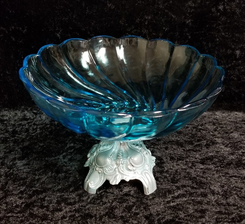 Vintage Blue Pedestal Bowl Glass Candy Dish Footed Compote