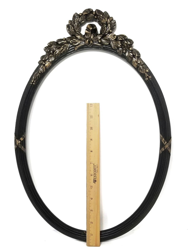 Victorian Gothic Oval Mirror | Black & Gold Frame with Bow | Ornate Vintage Wall Accent