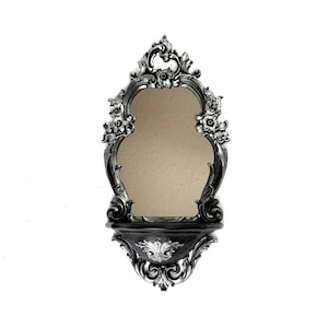 Gothic Mirror Shelf, Ornate Wall Mirror with Shelf, Black & Silver Vanity Display, Baroque Entryway Mirror, Vintage Gothic Decor