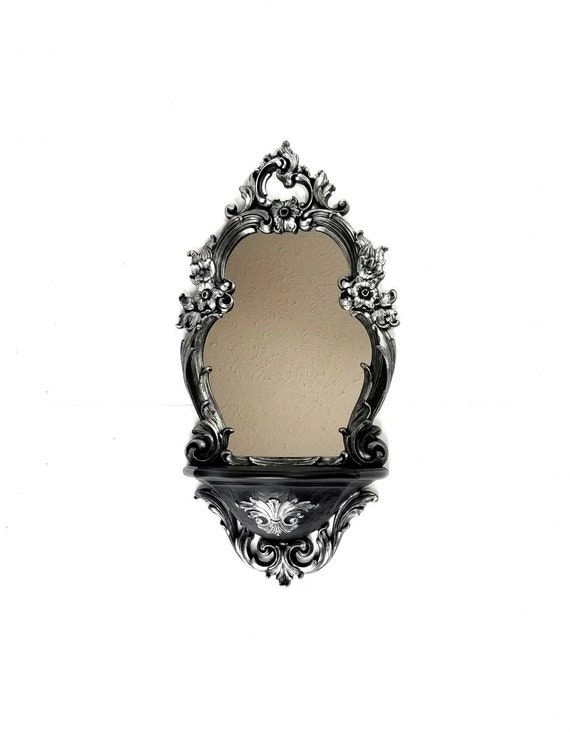 Gothic Silver Mirror Shelf | Baroque Wall Mirror | Victorian Vanity Decor