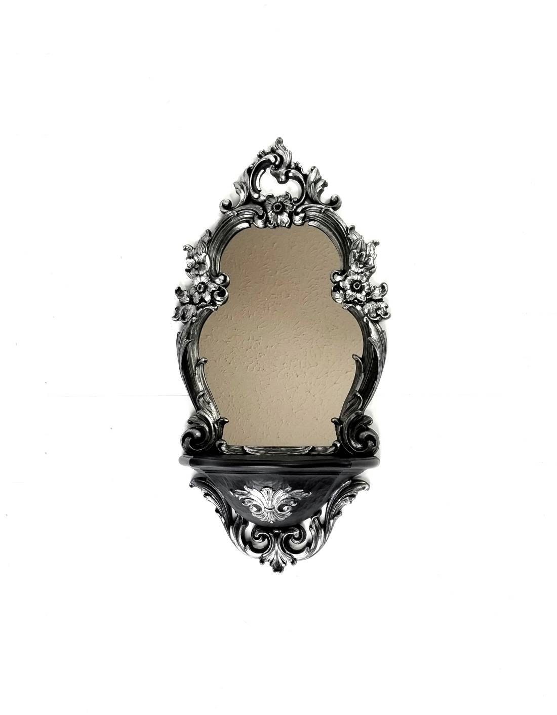 Gothic Mirror Shelf, Ornate Wall Mirror with Shelf, Black & Silver Vanity Display, Baroque Entryway Mirror, Vintage Gothic Decor