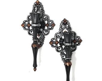 Vintage Gothic Metal Wall Sconce Pair | Baroque Taper Candle Holders