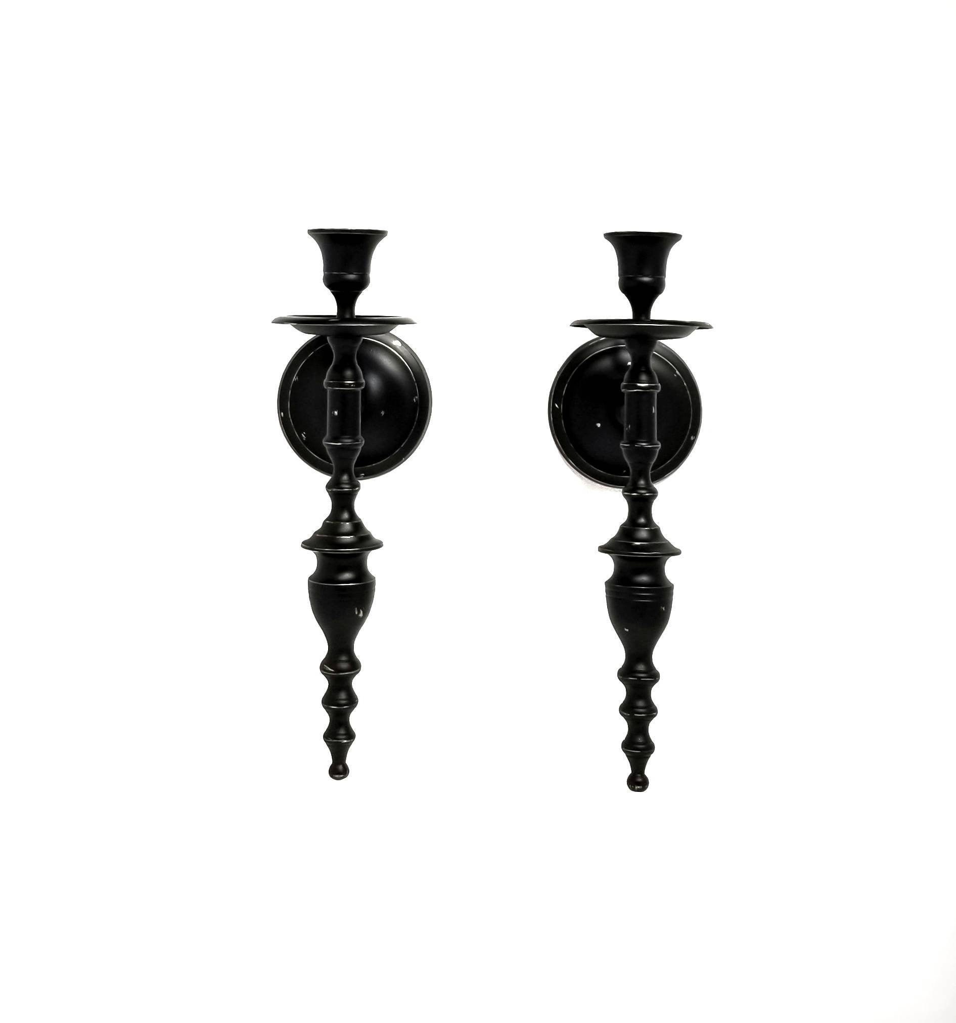 Black Gothic Wall Sconces – Distressed Brass Taper Holders, Vintage Candle Sconce Pair
