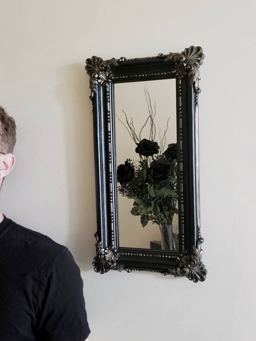 Tall Narrow Gothic Mirror | Ornate Black Frame | Victorian Wall