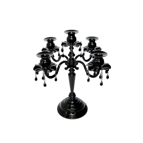 Gloss Black Candelabra | Gothic 5-Arm Candle Holder with Beads | Table Decor Accent
