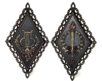 Gothic Diamond Wall Plaques | Torch and Lyre Black Gold Decor | Neoclassical Style
