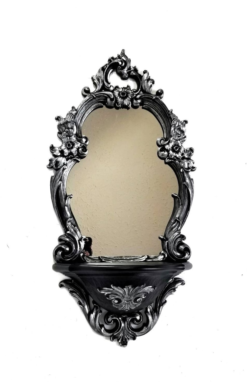 Gothic Silver Mirror Shelf | Baroque Wall Mirror | Victorian Vanity Decor image 7