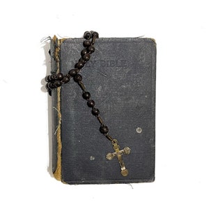 Antique Holy Bible with Rosary | 1800s Catholic Prayer Book | Gothic Religious Decor | Sacred Vintage Collectible