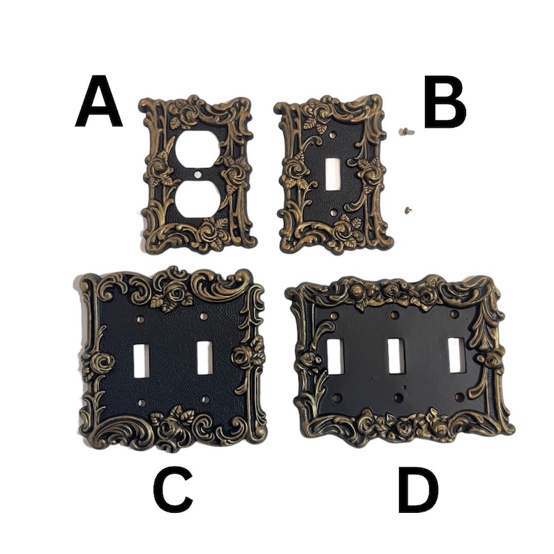 May include: Four decorative light switch plates with ornate gold and black floral designs. The plates have one, two, and three switch openings. The plates are labeled A, B, C, and D.