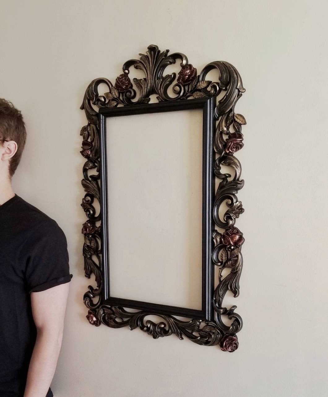 Gothic Wall Mirror | Ornate Black & Ruby Rose Frame | Vintage Home