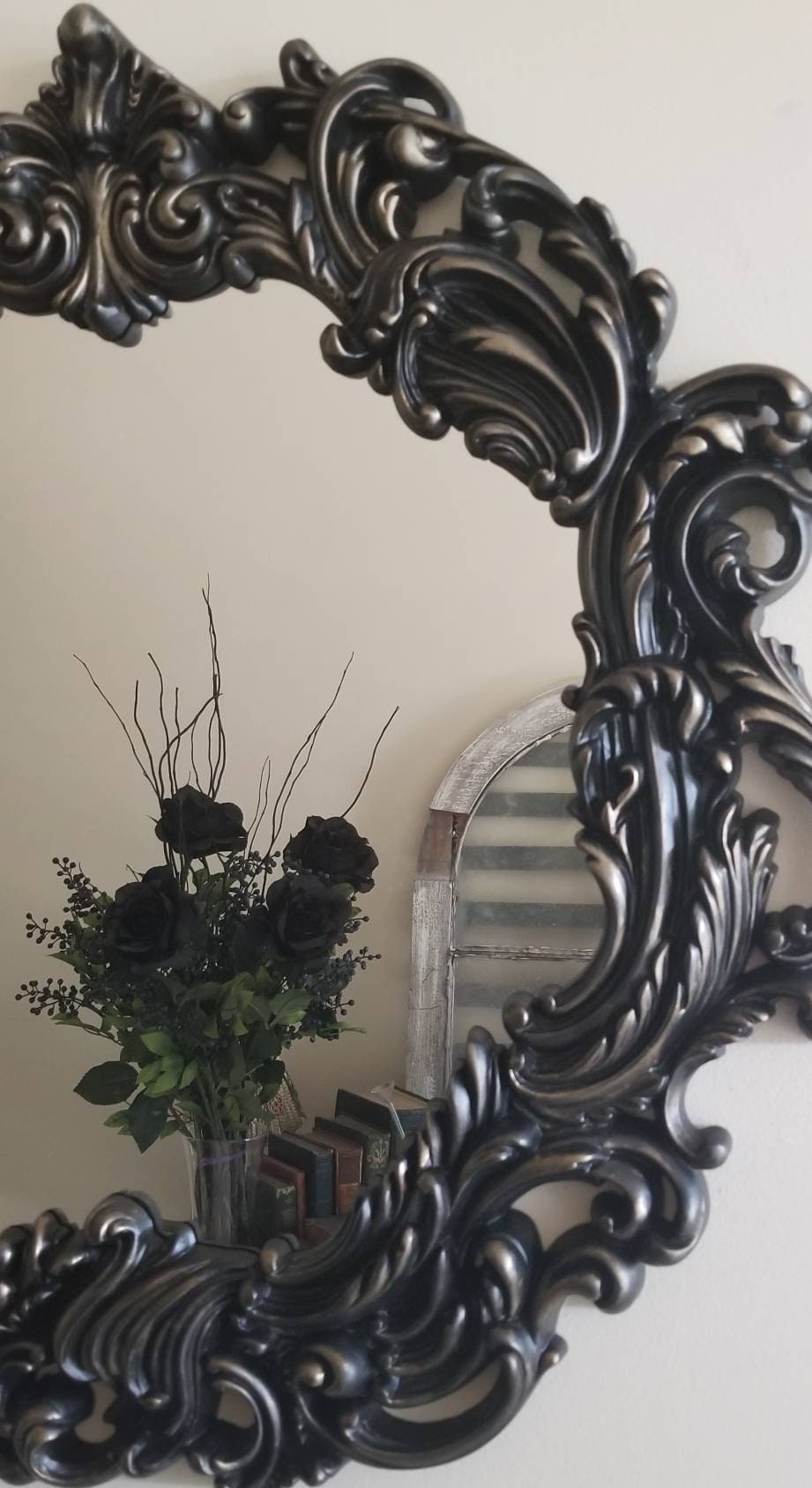 Large Oval Gothic Black Baroque Mirror | Ornate Victorian Wall