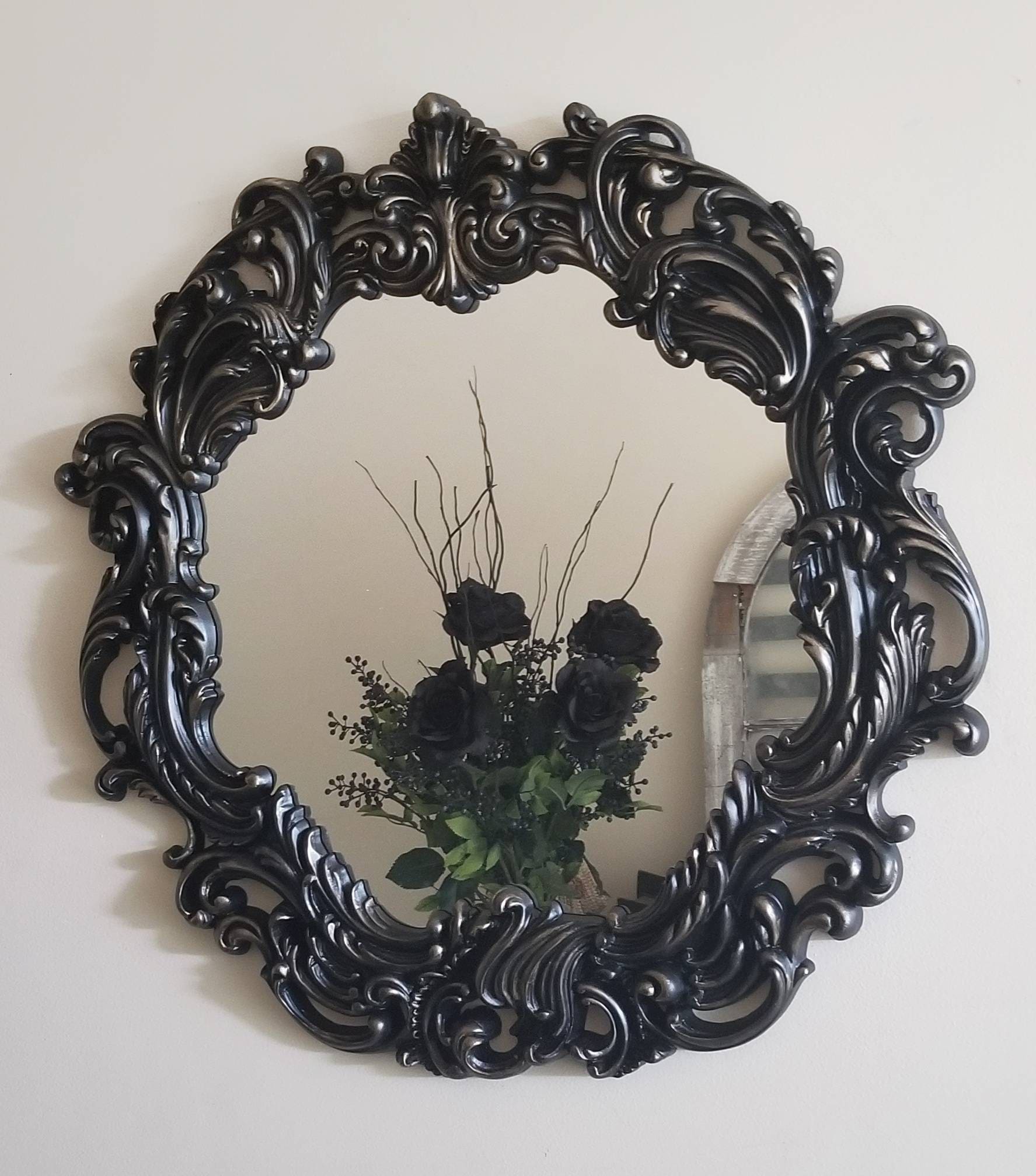Large Oval Gothic Black Baroque Mirror | Ornate Victorian Wall