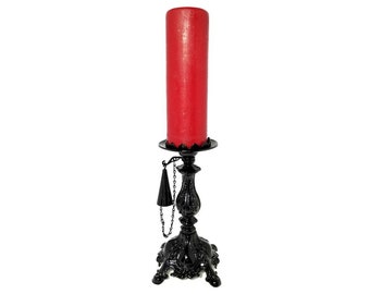 Gothic Pillar Candle Holder | Ornate Black Candlestick with Snuffer | Halloween Gothic Decor