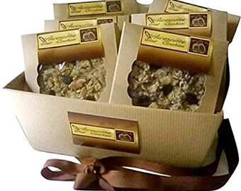 May include: A brown wicker basket filled with individually packaged oat cookies. The packages are labeled "Awesome Oat Cookies".