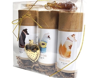 Chai Tea Gift Set: Indian, Vanilla, Chocolate Chai Tubes with Golden Heart Infuser