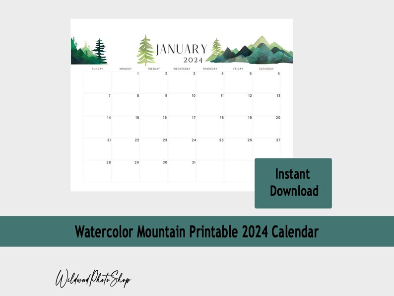 Mountain Printable 2024 Calendar, Printable Calendar, 2024 Calendar