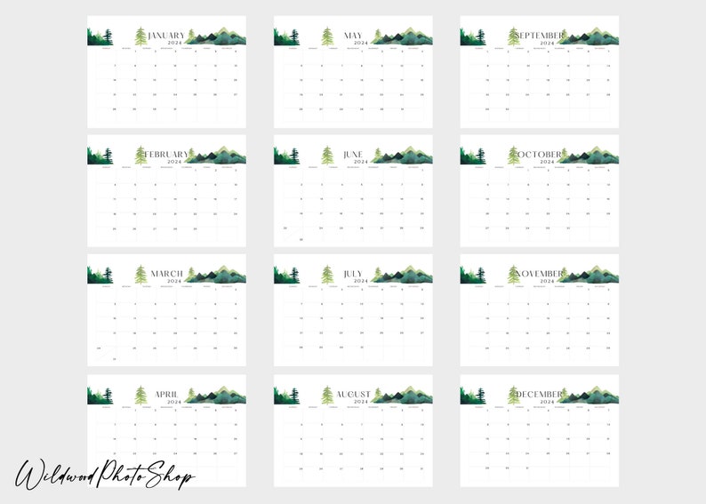 Mountain Printable 2024 Calendar, Printable Calendar, 2024 Calendar