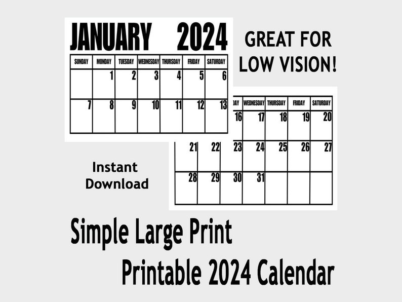 Large Print Simple Printable Calendar 2024 Calendar Jumbo Etsy