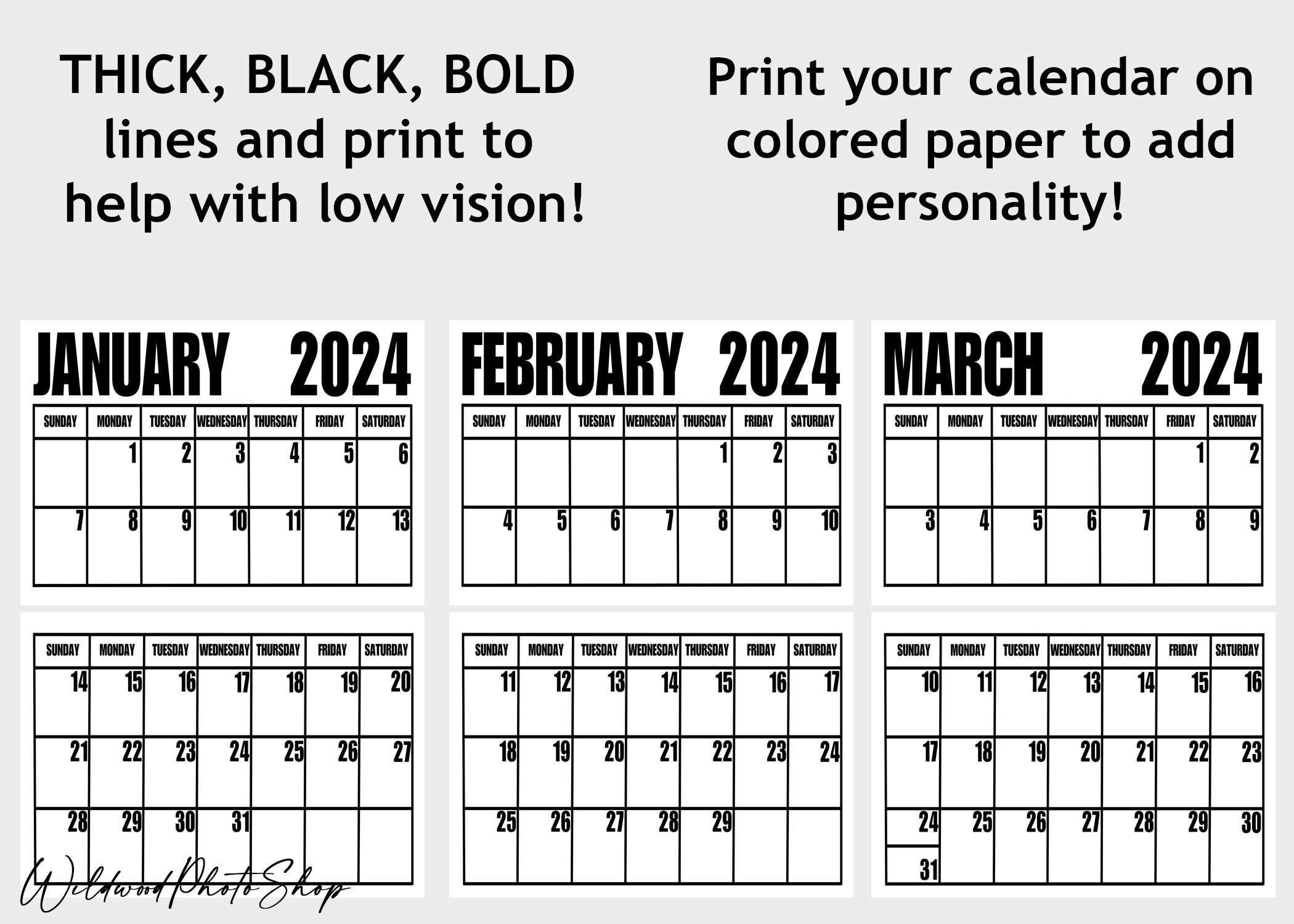 Large Print Simple Printable Calendar, 2024 Calendar, Jumbo Print 2024