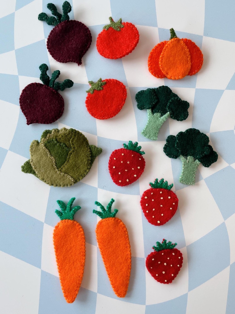 May include: Felt food set with various fruits and vegetables, including red and green apples, carrots, strawberries, tomatoes, and broccoli. The felt pieces are colorful and detailed.