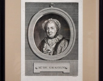 18th Century Etching, Original French Portrait Graffigny, by Pierre Charles Lévêque