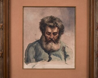 20th Century Painting Watercolour, Original Portrait Bearded Man, Californian Artist Louis Martin Rey