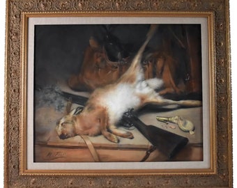 Antique Still Life Pastel Painting, Hunting Hare Scene, Original Circa 1900, by Michel Fronti