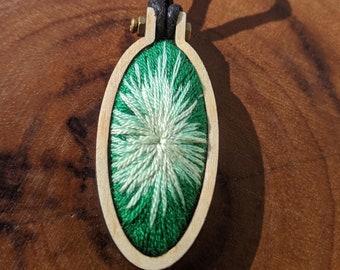 Emerald Green Oval Slipknot Pendant, Hand Embroidery Hoop Jewelry