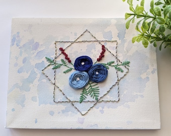 Hand Embroidered Blue Rose Canvas Wall Art: Floral Mixed Media (5x7 in)