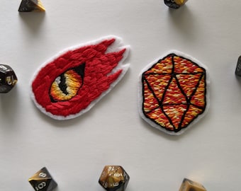 Handmade Iron On Red Dragon Eye & D20 Patch Set: MTG DND Applique