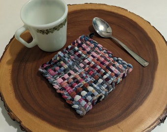 Square Pink Handmade Loom Woven Potholder, Trivet, Hotpad, Oven Mitts, Plant Pad