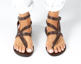 Leather Gladiator Sandals, Brown Greek Sandals, Sandales Grecques Plates, Griechische Sandalen, Sandalias Gladiador, Tropeziennes, IRA