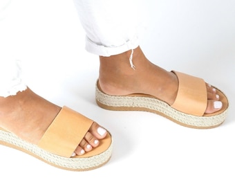 IKARIA Natural, Slides Platform Sandals, Flatforms Greek Sandals, Sandales Grecques, Sandalias Griegas, Espadrille leather Wedges