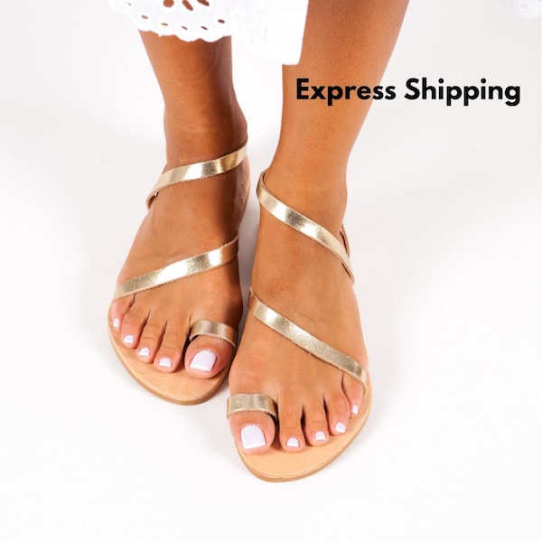 Gold Leather Greek Sandals for Women, Strappy Flat Sandals, Gift for her, Sandales Grecques plates, Griechische sandalen, LIMNOS