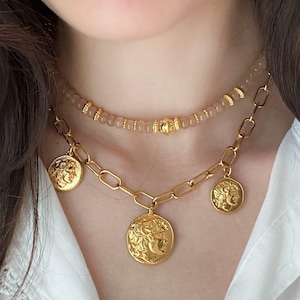 Antique Gold Coin Necklace, Chunky Coin Pendant Medallion, Vintage Style Charm Choker,  Statement Paperclip Chain, Gift for her, ALEXANDER