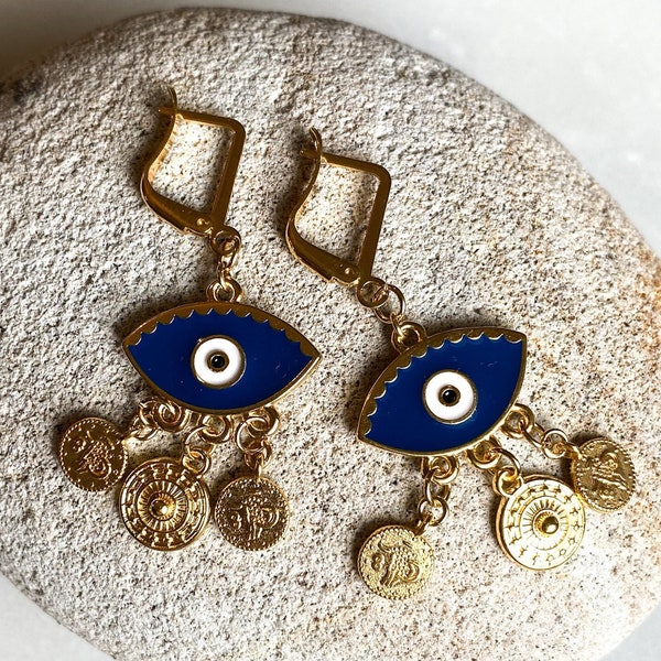 Cute evil eye earrings, Boho Coin Earrings, Bijoux ethniques et artisanaux, Ancient Greek Earrings, Tribal dangle earrings, Best Friend Gift