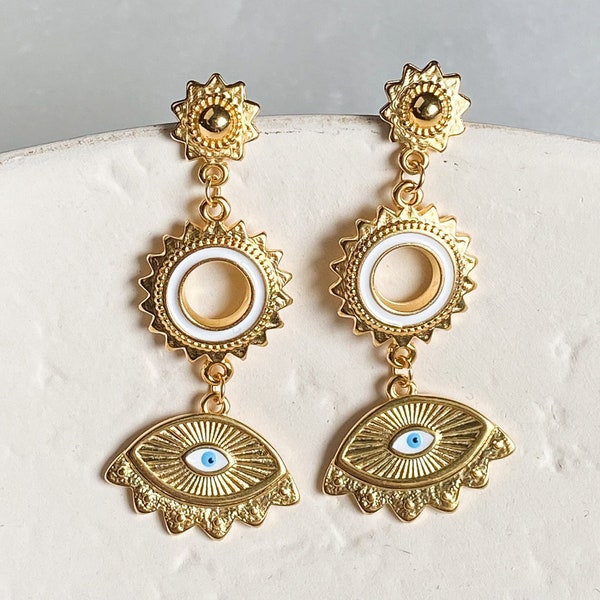 PYTHIA Statement Evil eye earrings, Sun drop Earrings, Gold gypsy earring, Bijoux ethniques et boheme, Boho chic Ohrringe