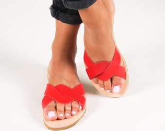 Greek Women Sandals Red Leather Sandals Flat Summer Shoes, Sandales en cuir, Leder Sandalen Damen CYNTHIA