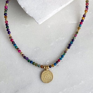 Heishi Necklace with Evil eye charm, Colored Agate Beaded Necklace, Surfer necklace, Mothers day gift, Collier Pierres, Bijoux Ethniques