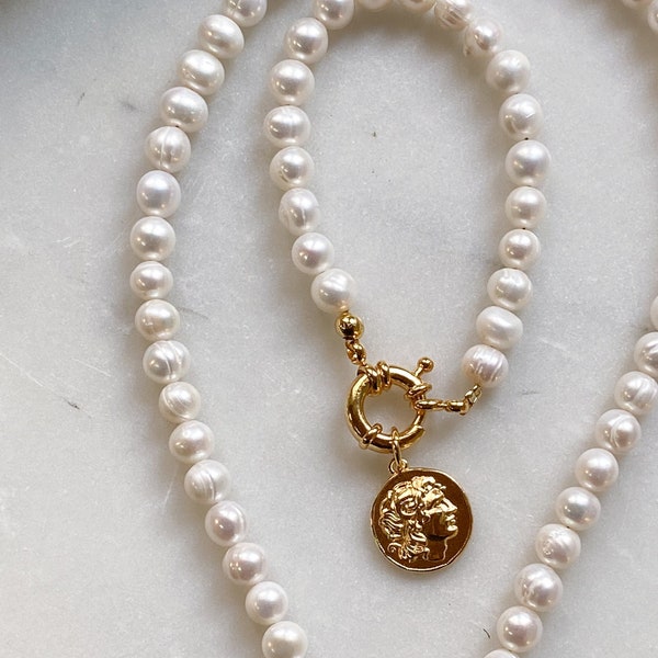 Bracelet à breloques ALEXANDER, bracelet de perles de pièce d'or, bracelet de grosses perles, bracelet de pièce de monnaie grecque, bracelet de perles de style vintage