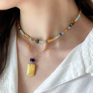 Mum Gift Heishi Necklace Blue Coral Jade Necklace Statement Necklace Surfer Choker Gold Charm Necklace Gift for her
