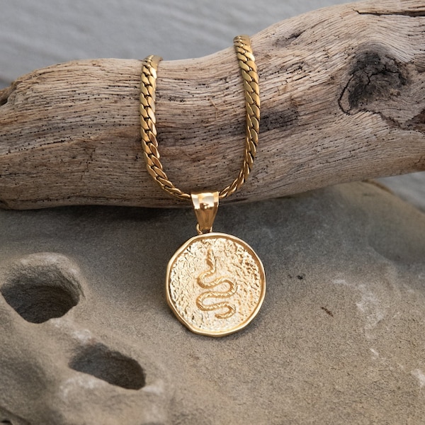 Snake Coin necklace, Collier serpent chaine or, Schlangenhalskette, Medallion Pendant Necklace