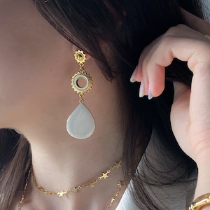 Gold Bridal Earrings Sun Drop Earrings White Resin Earrings  Boho Wedding Earrings Statement Dangle Earrings Anniversary Gift for Wife