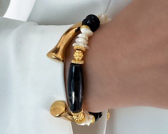 Black Onyx Bracelet Nacre Heishi Bracelet Boho Chic Bracelet for Woman Birthday Gift for Mum, ELIANA