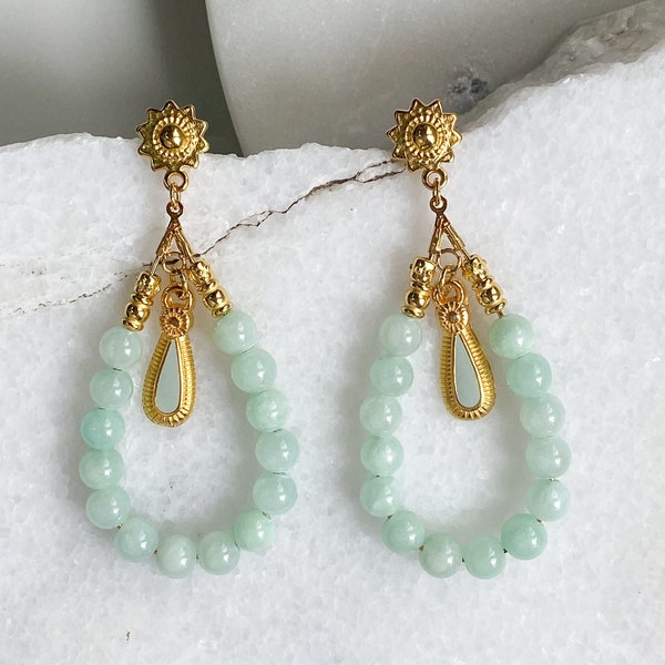 LUNO Oversize hoops earrings with jade beads, Statement turquoise tear drop earrings, Bohemian Gypsy earrings, Boho Dangle Earrings