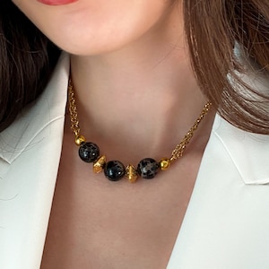 Anniversary Gift Necklace Black Shell Necklace Healing Gemstones Necklace Double Gold Chain Pendant Necklace Valentines Gift, ILENA