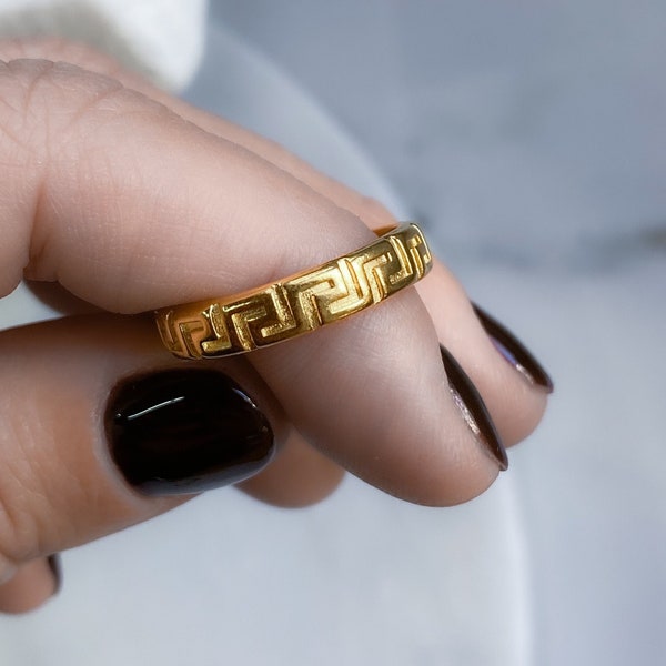 MEANDER Gold band Ring, Ancient Greek pattern Ring, Elegant boho chic Damen Ring, Adjustable ring for women, Bijoux ethniques