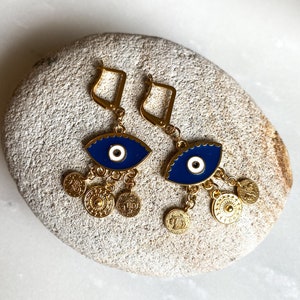 Gold evil eye earrings, Bohemian Coin Earrings, Cute dangle resin Earrings, Evil eye jewelry, Bridesmaid gift image 8